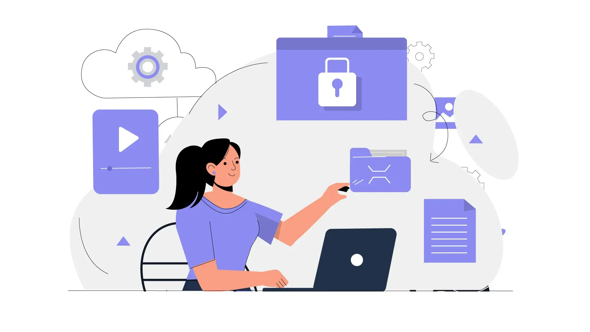 Flat Vector Illustration of Woman in Cloud Workspace with Digital Folders image